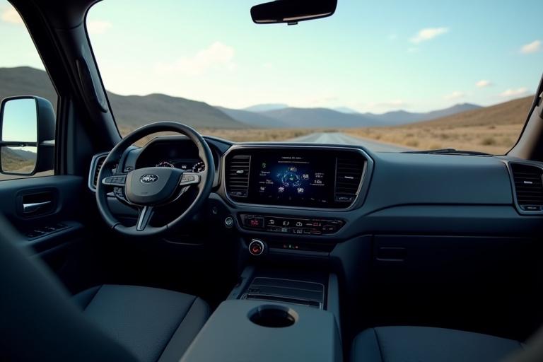 Clean and modern interior of a truck cabin showing advanced controls