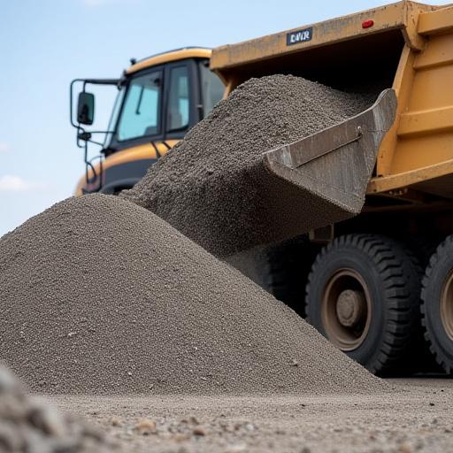 A large pile of gravel being loaded into a dump truck