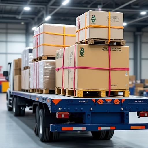 Palletized cargo securely strapped onto a flatbed trailer